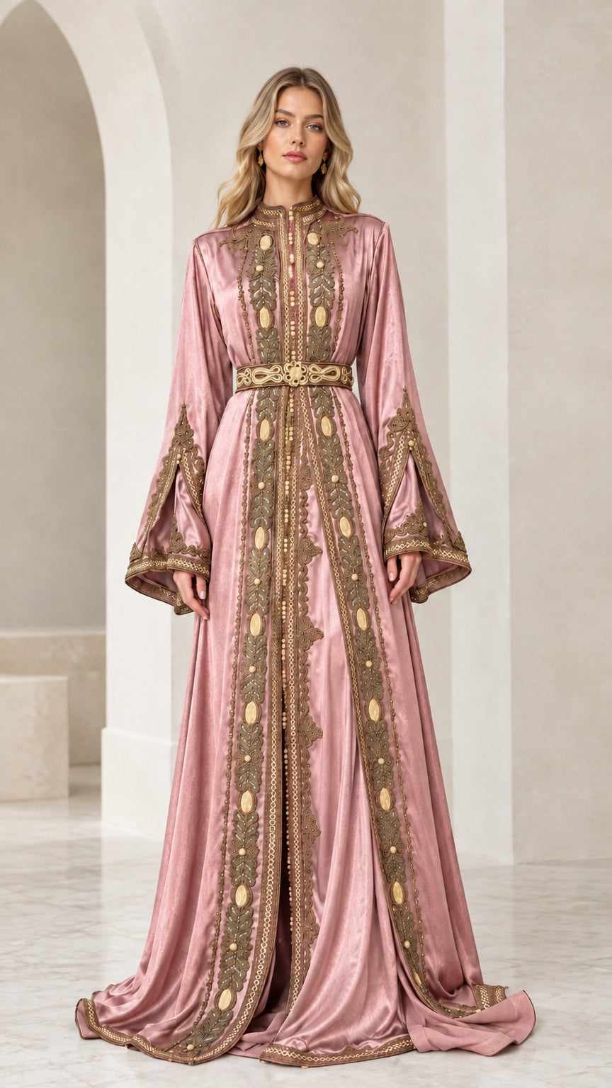 Full front view of Blush Pink metallic satin embroidered kaftan dress with belt