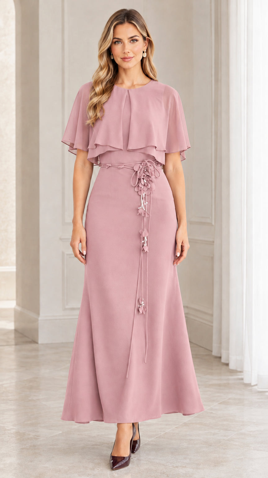 Front view of dusty rose chiffon capelet maxi dress