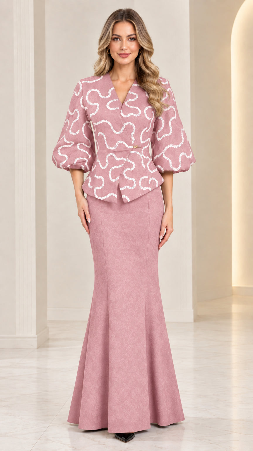 Dusty rose two-piece peplum top and mermaid maxi skirt formal set