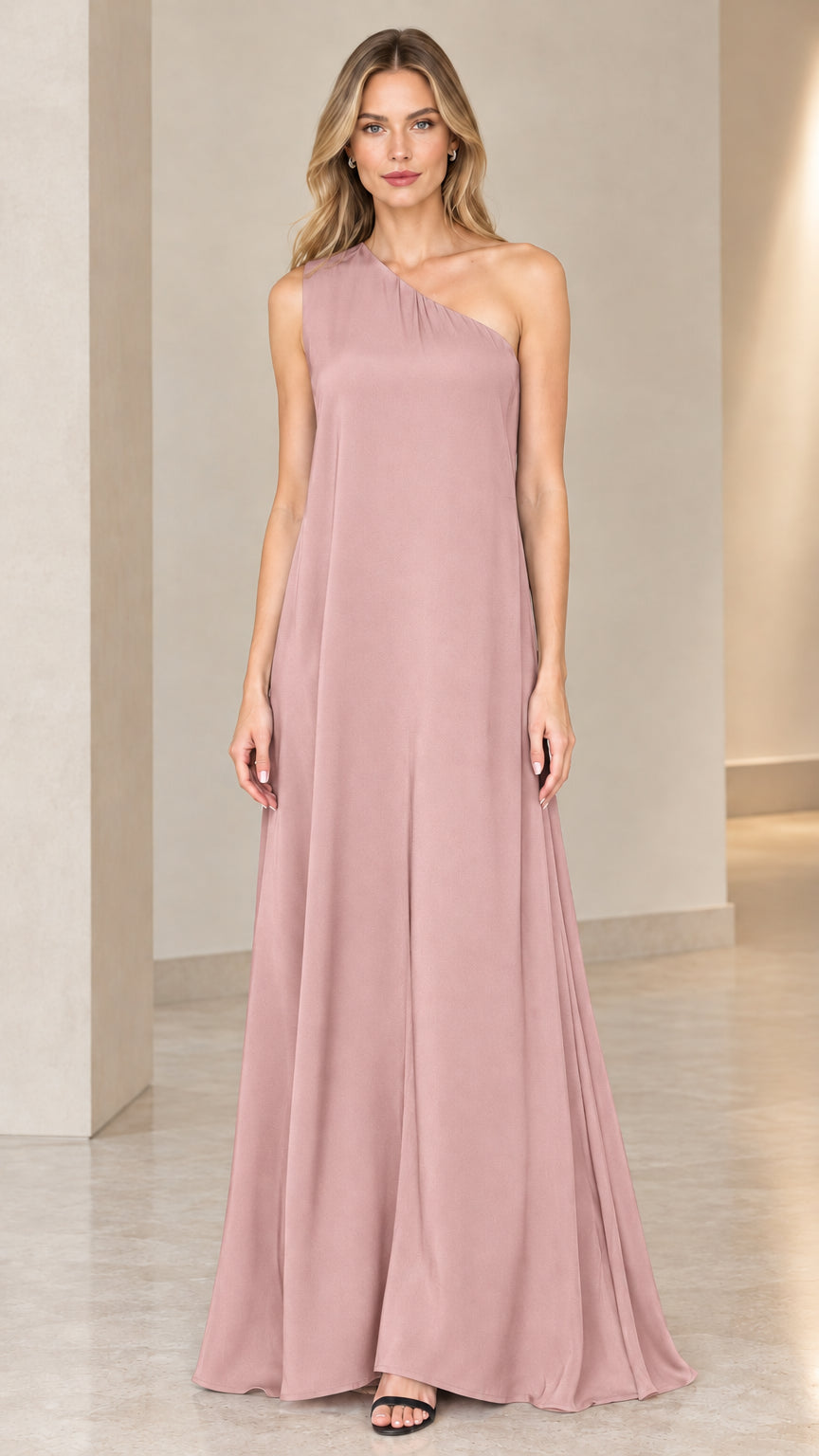 Front view of model wearing dusty rose one-shoulder maxi dress