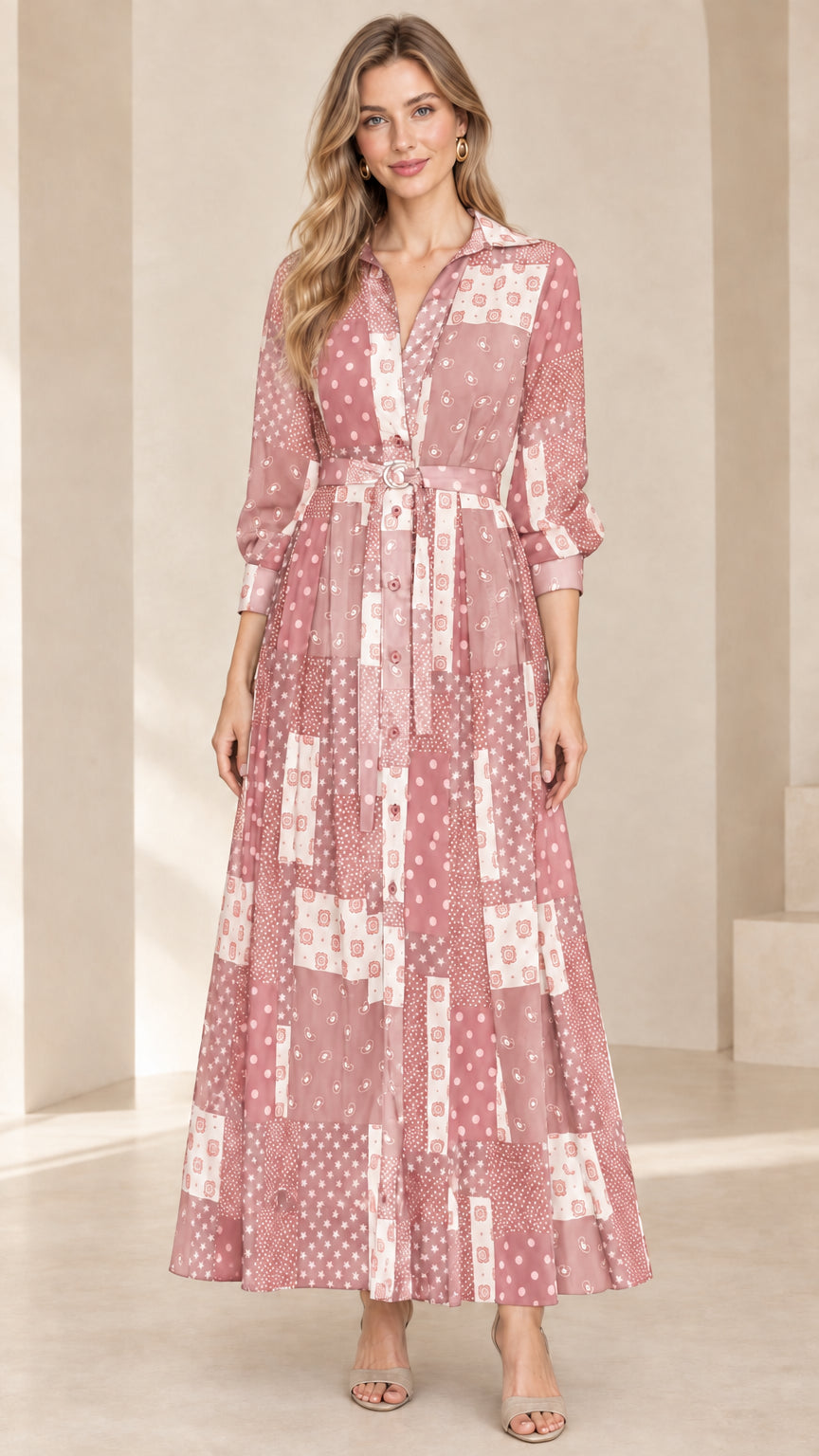 Front view of model wearing Dusty Pink long sleeve patchwork maxi shirt dress