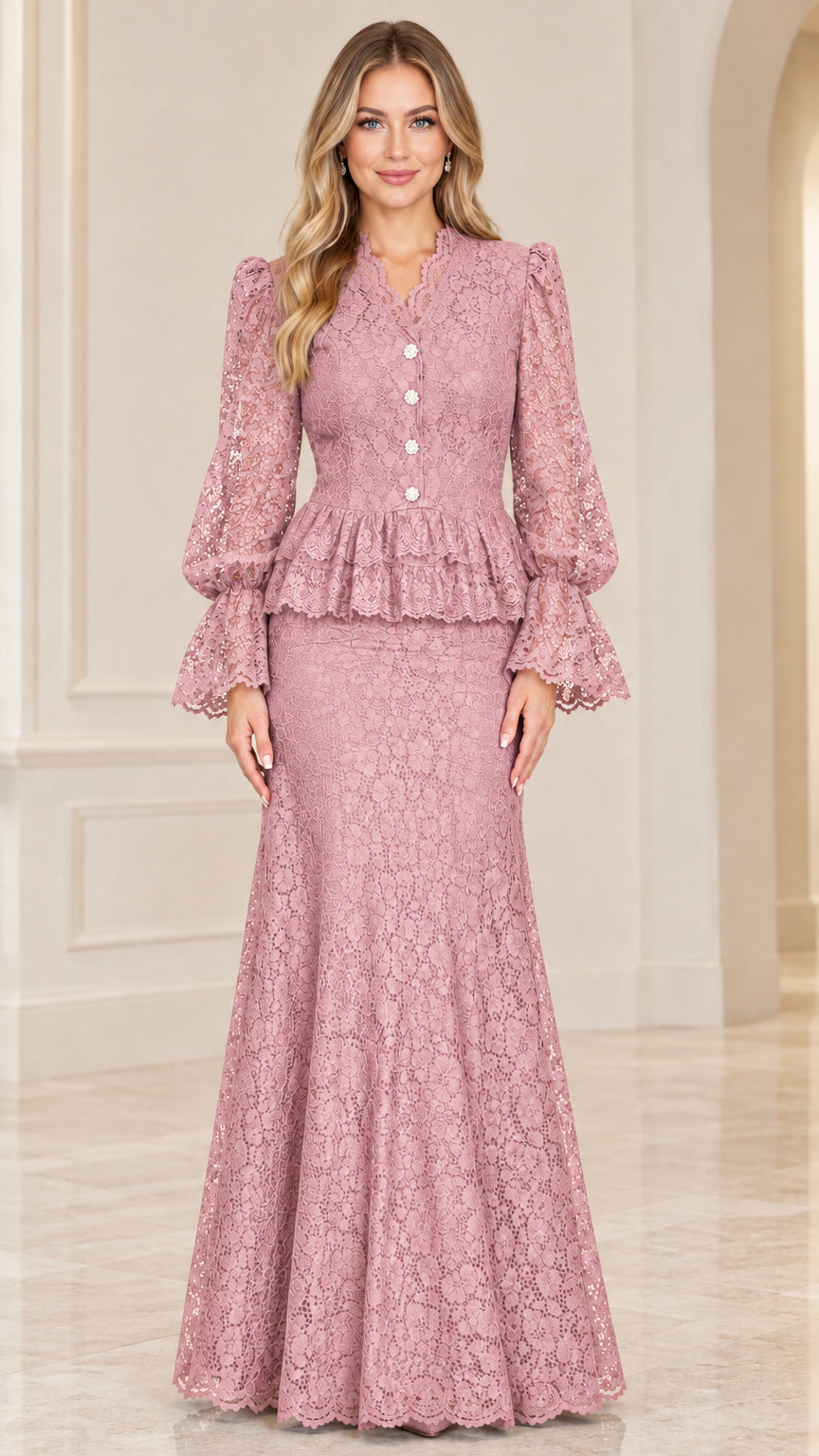 Front view of dusty rose pink floral lace peplum evening dress