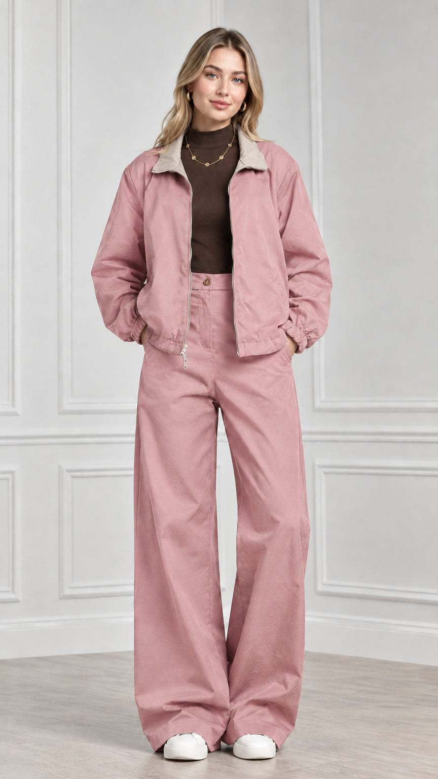 Front view of model wearing dusty pink two-piece jacket and wide-leg trouser set