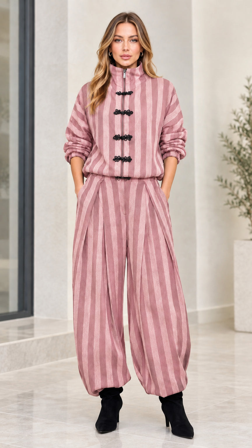 Model wearing dusty rose pink striped two-piece pant set