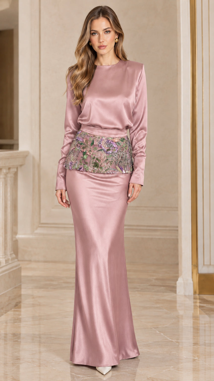 Dusty pink long sleeve satin maxi evening dress with floral sequin waist detail