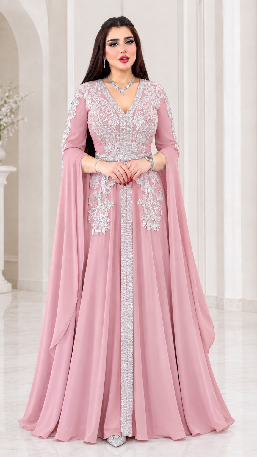 Dusty pink embroidered cape sleeve kaftan maxi evening gown