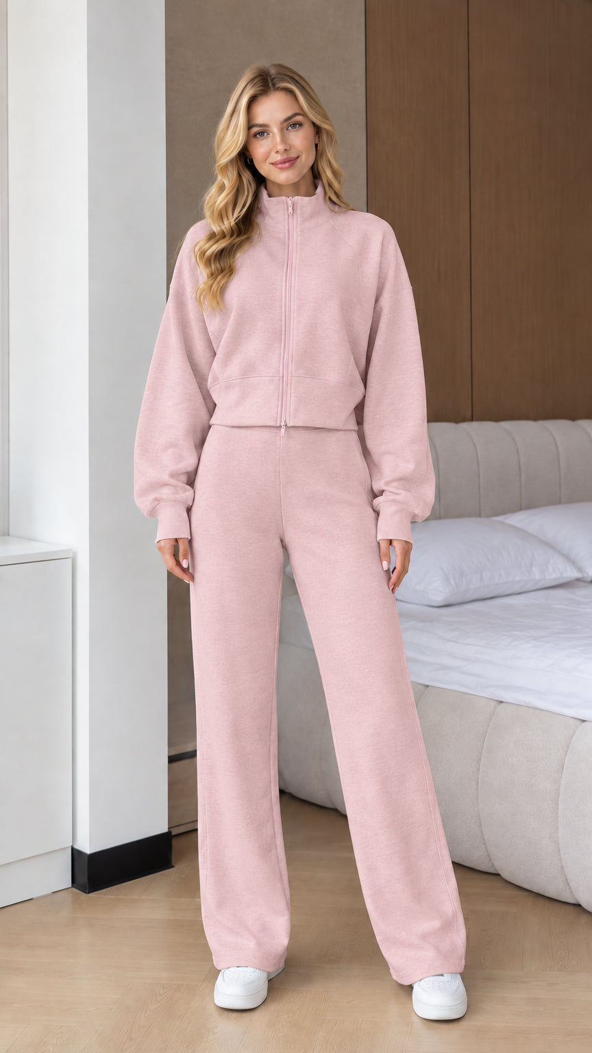 Front view of woman wearing Dusty Pink 2-piece zip-up sweatshirt and wide leg pants set