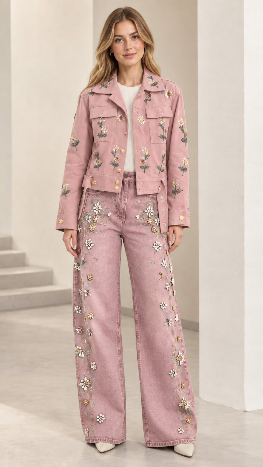 Full look featuring dusty pink floral embroidered utility jacket