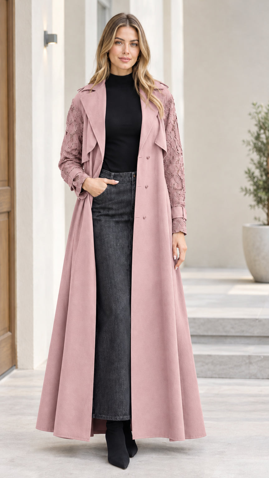 Front full-length view of dusty pink lace-sleeve maxi trench coat