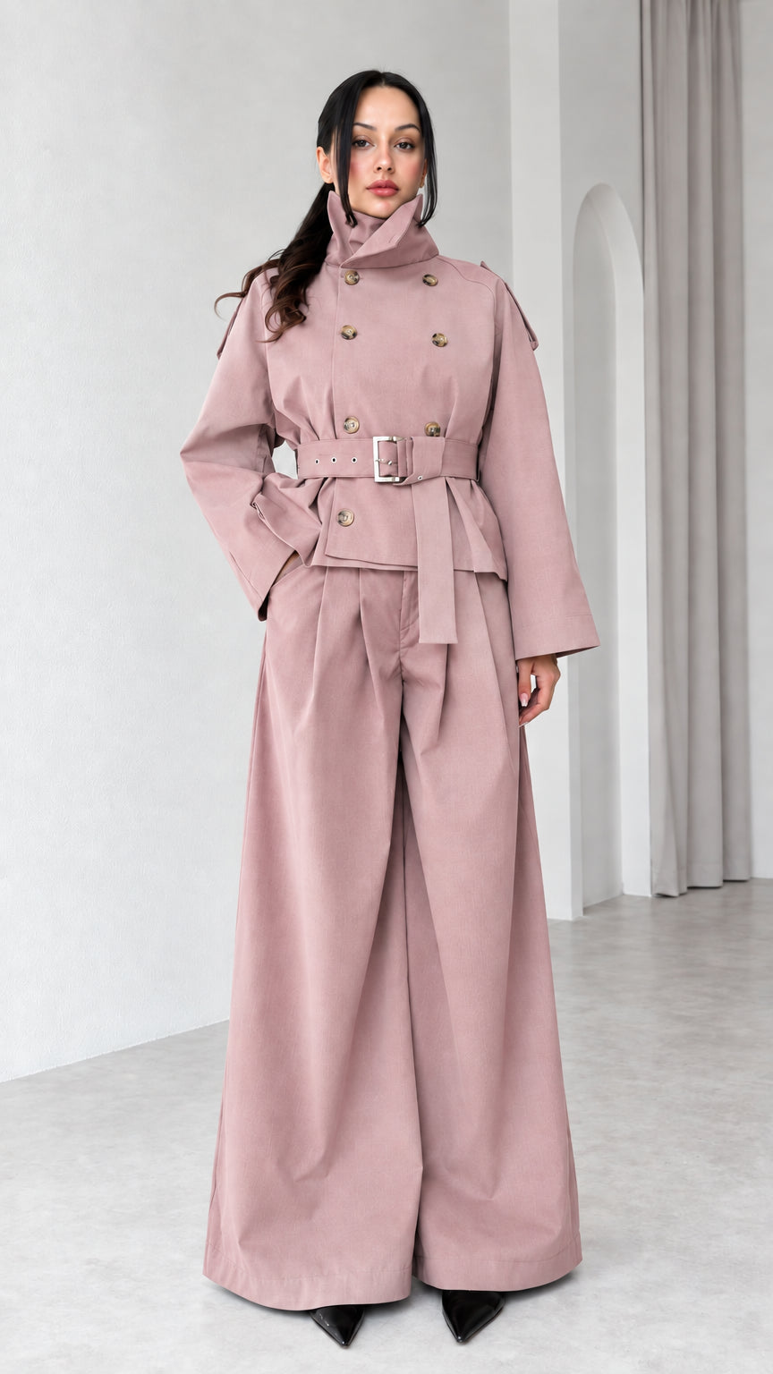 Model wearing Dusty Pink belted cropped trench jacket and matching palazzo pants