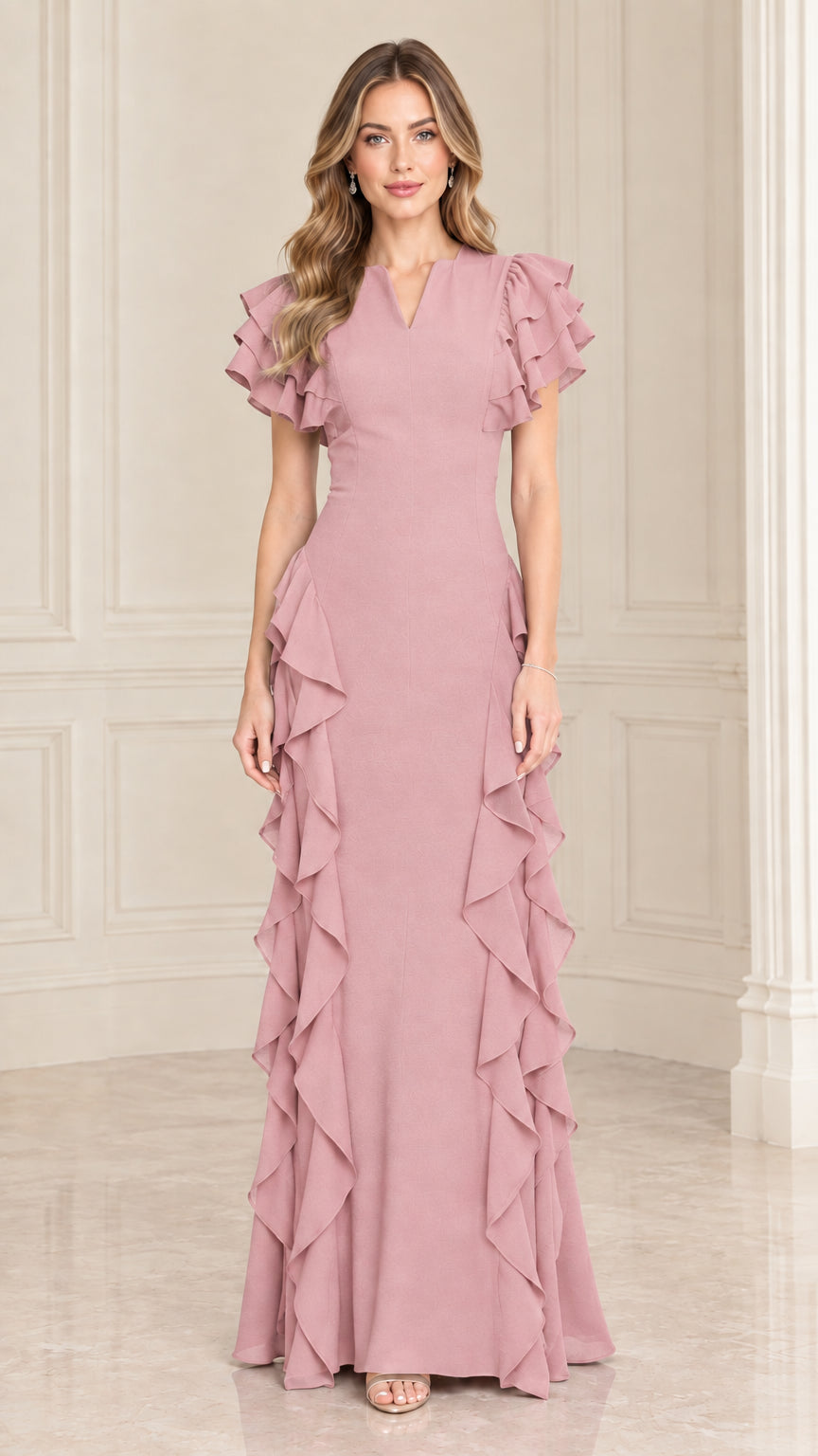 Front view of dusty pink tiered flutter sleeve cascading ruffle maxi dress