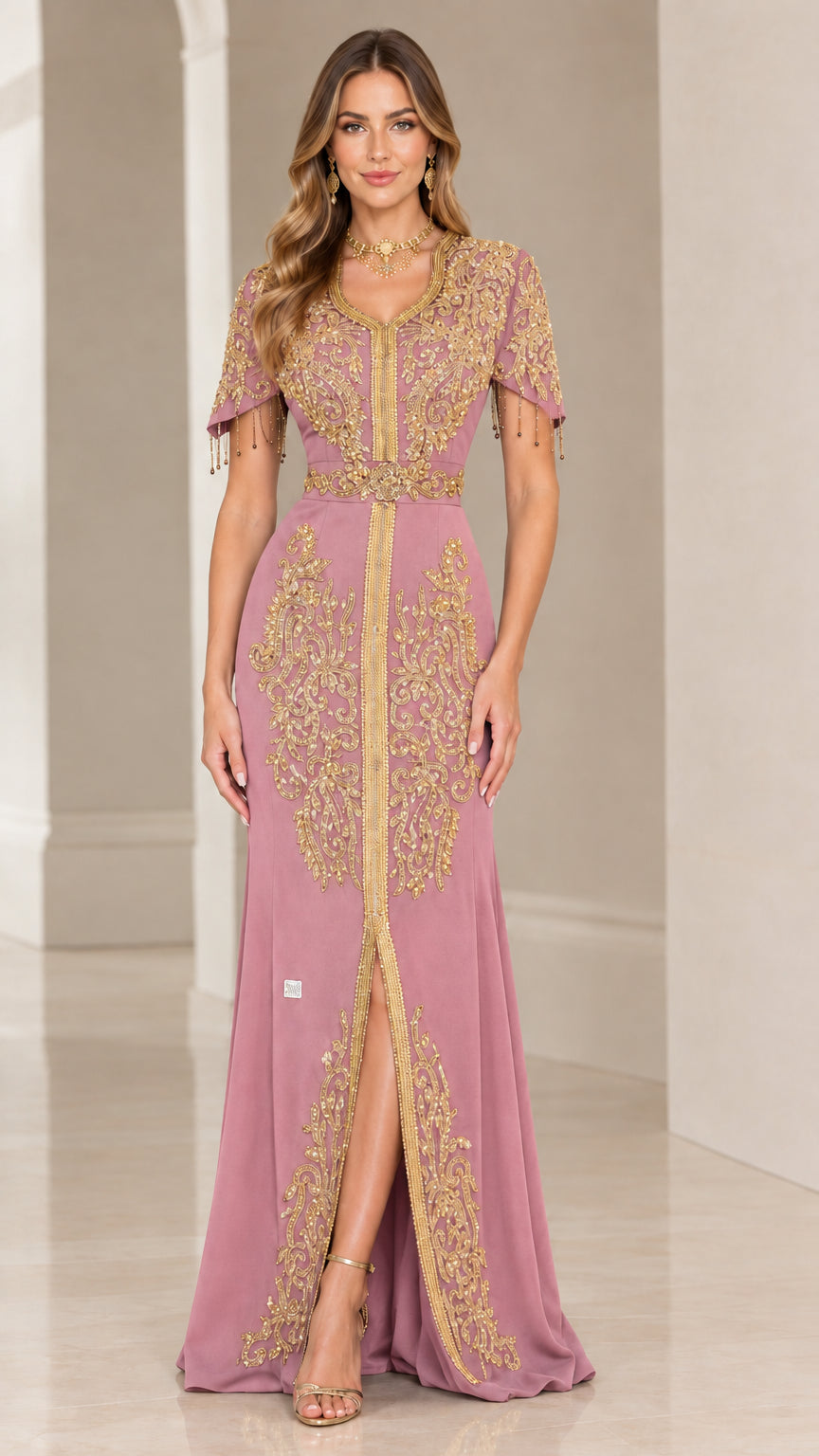 Full-length front view of dusty rose pink caftan evening gown with gold embroidery