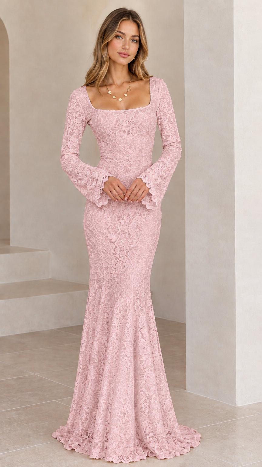 Blush Pink floral lace square neck bell sleeve mermaid maxi dress