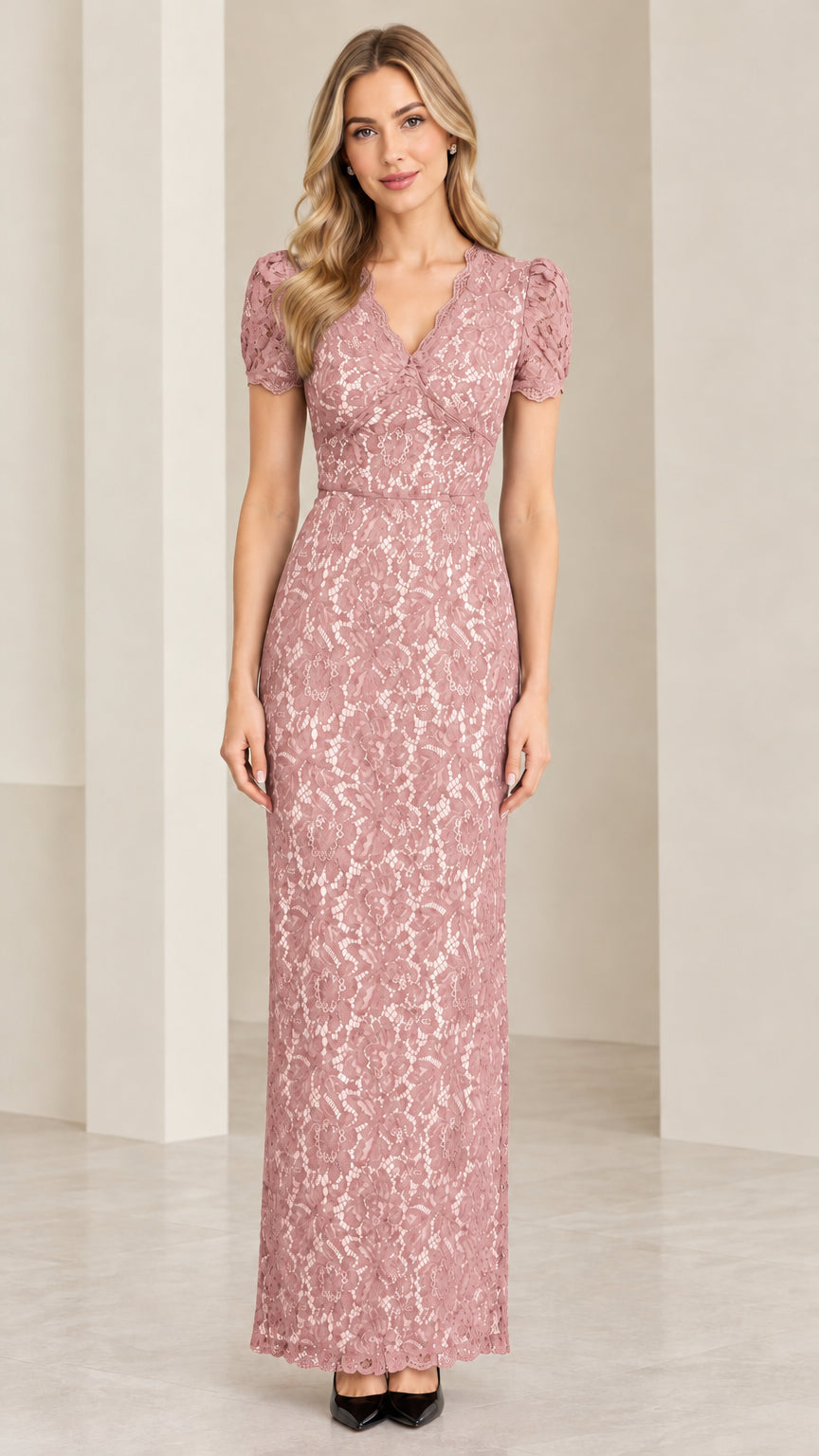 Front full view of model wearing dusty pink floral lace short sleeve maxi dress