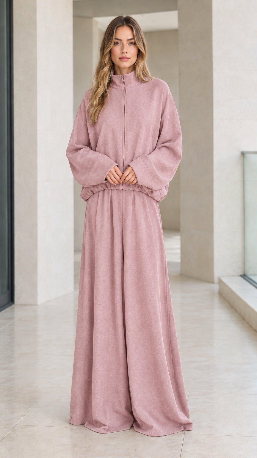 Front view of woman wearing dusty pink matching zip jacket and wide-leg lounge set