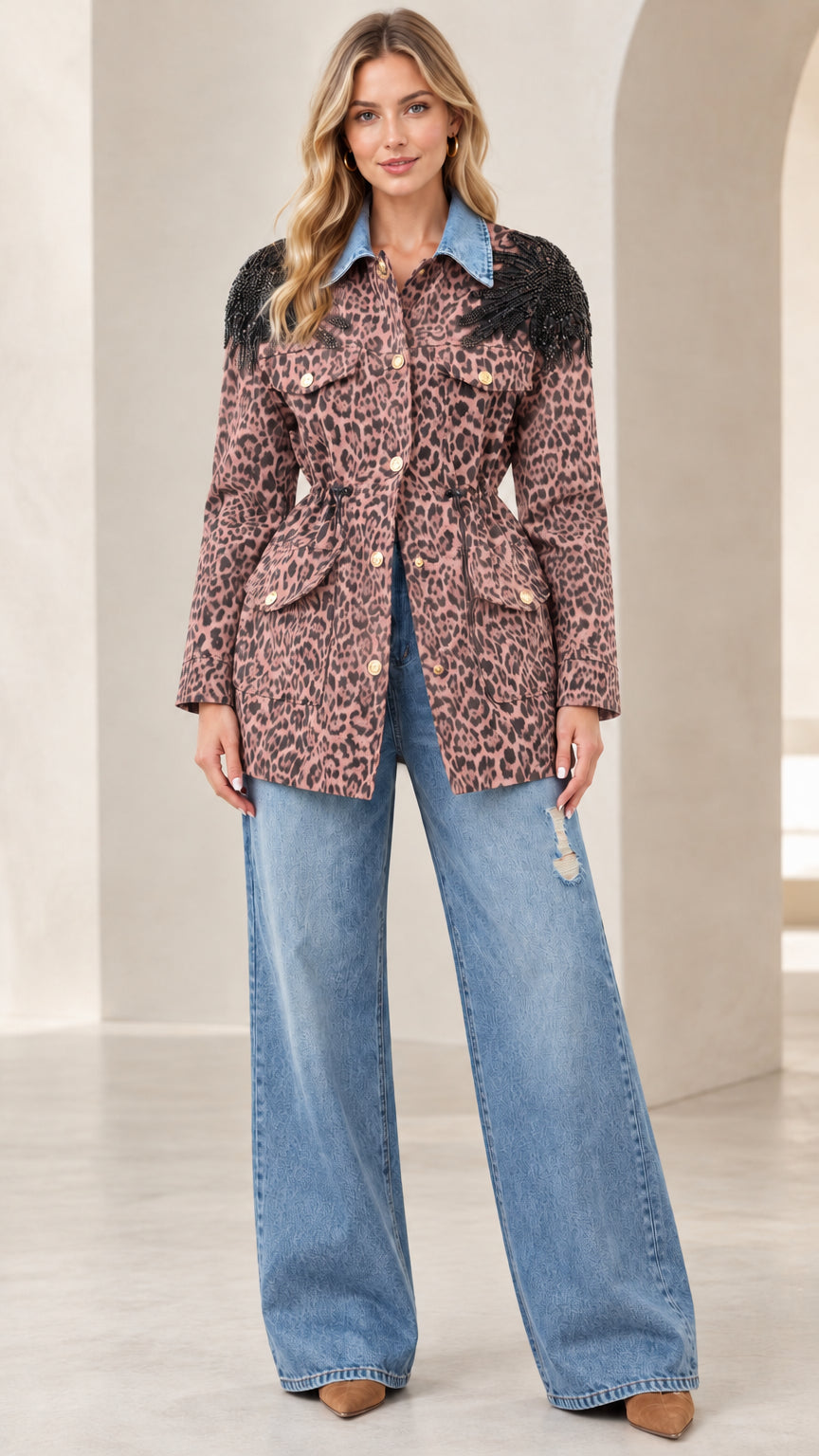 Model wearing dusty rose leopard utility jacket with denim collar and beaded shoulders