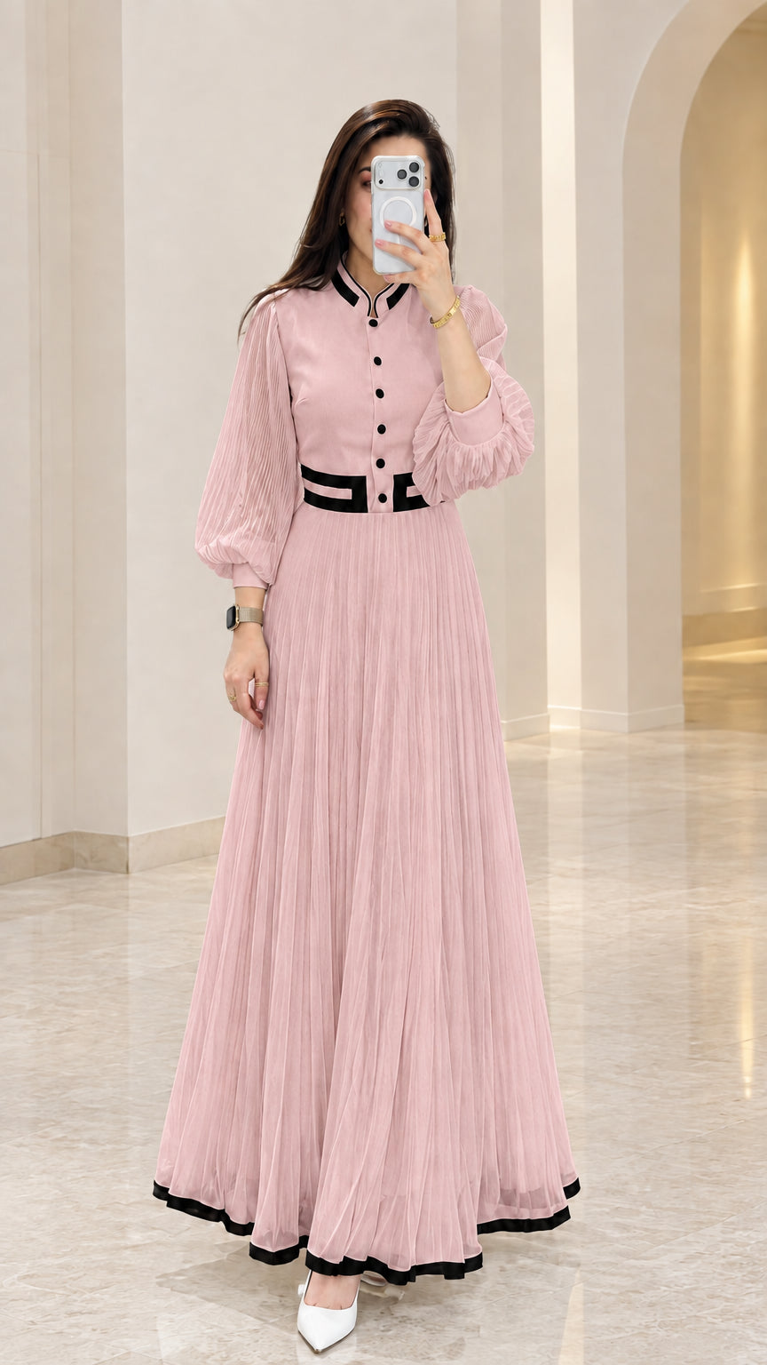 Dusty pink pleated maxi dress with contrast black piping and lantern sleeves