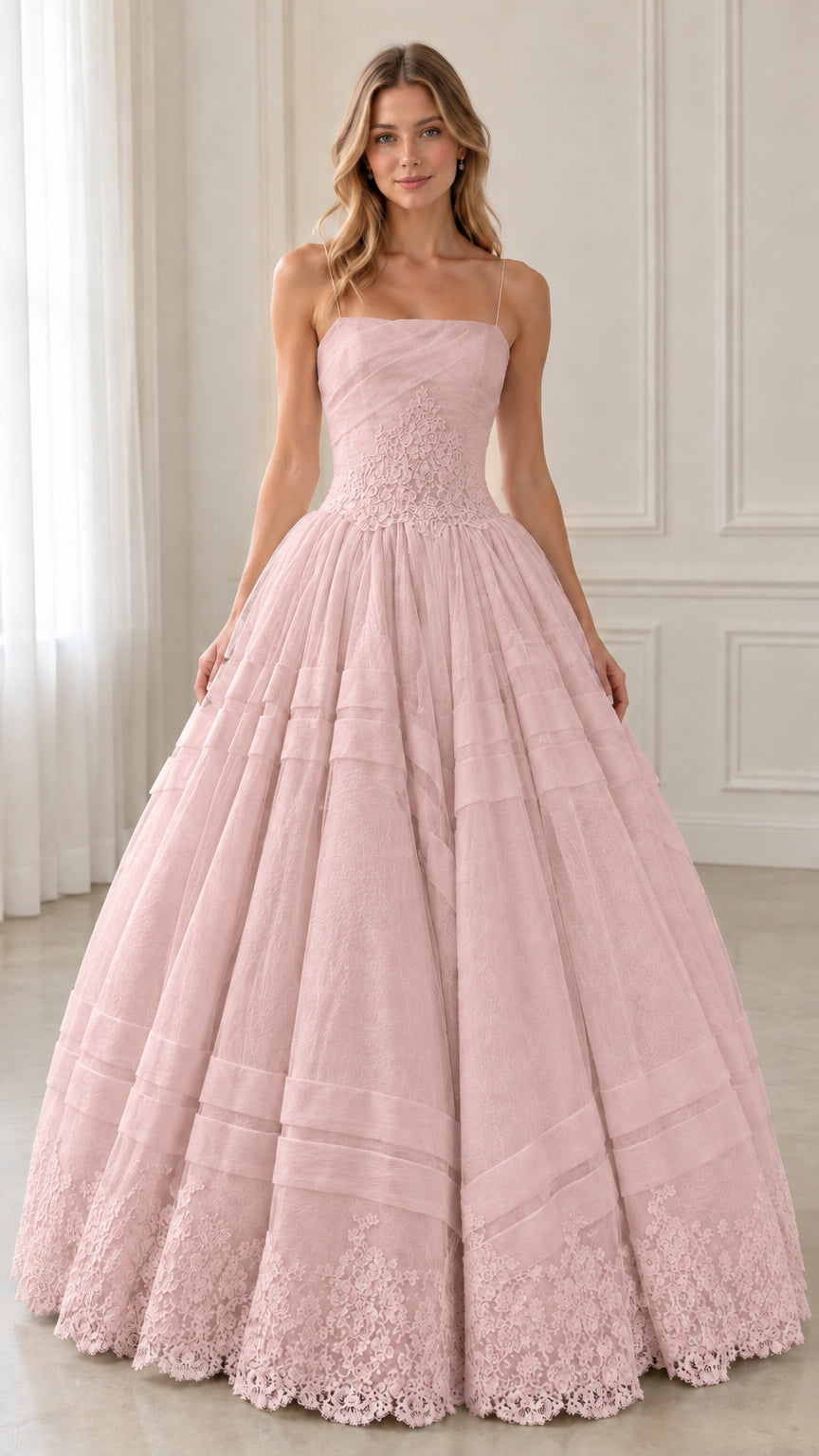 Blush pink spaghetti strap lace ballgown formal evening dress