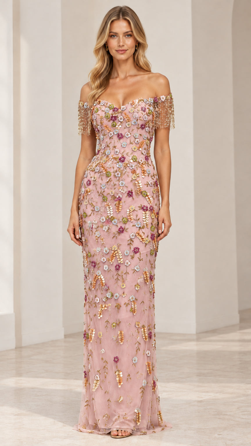 Blush Pink floral appliquéd evening gown with off-the-shoulder tassel sleeves