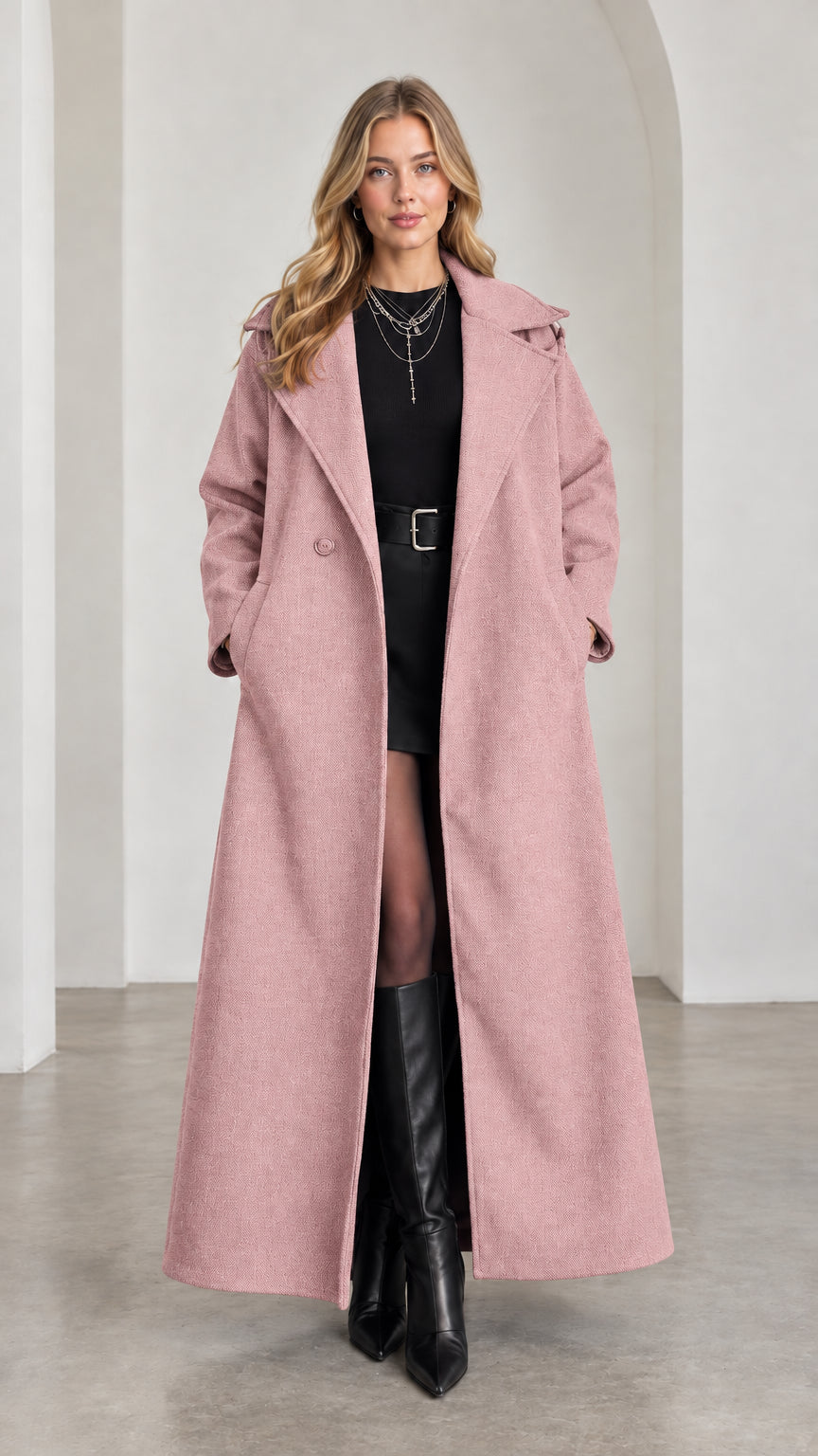 Model wearing elegant Dusty Pink full-length belted trench coat