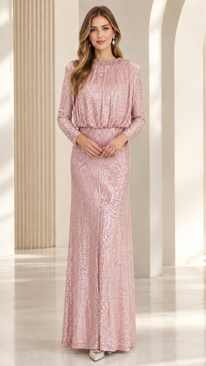Front full-length view of the long sleeve sequin evening maxi dress in Dusty Pink