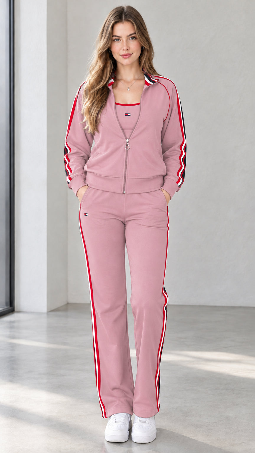Front view of woman wearing dusty pink contrast stripe track jacket and pants set