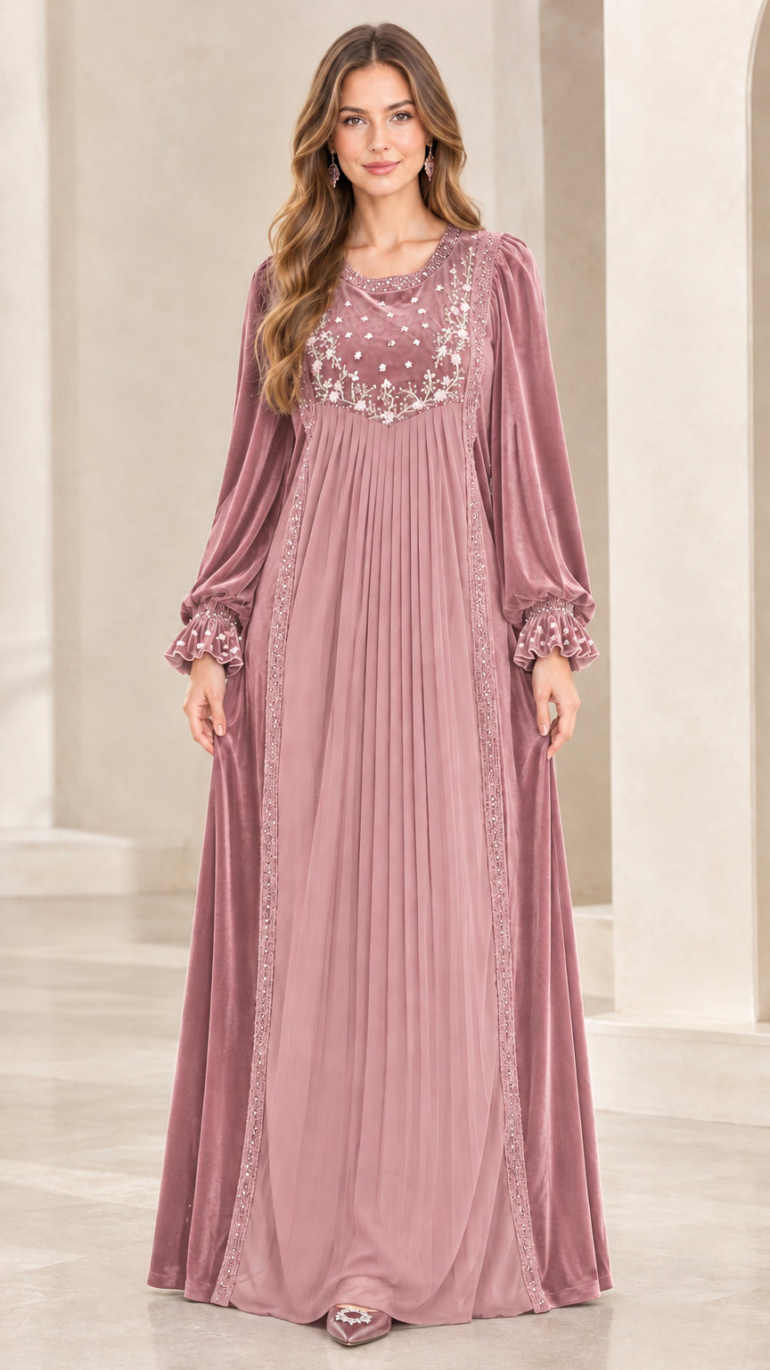 Full-length front view of woman wearing Dusty Rose embroidered velvet pleated maxi dress