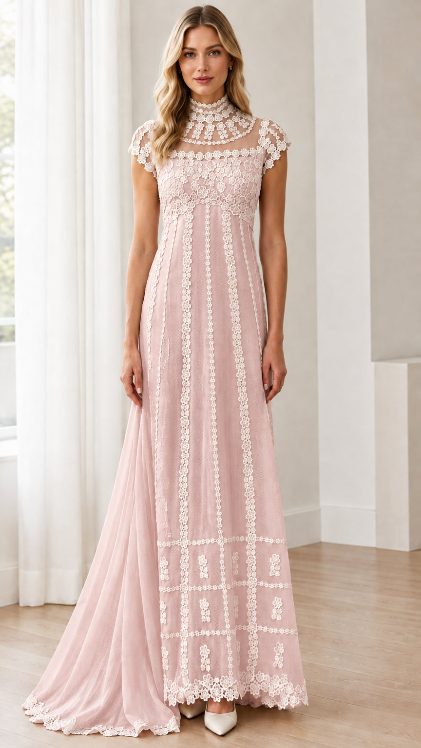 Blush Pink vintage-inspired high neck lace evening gown