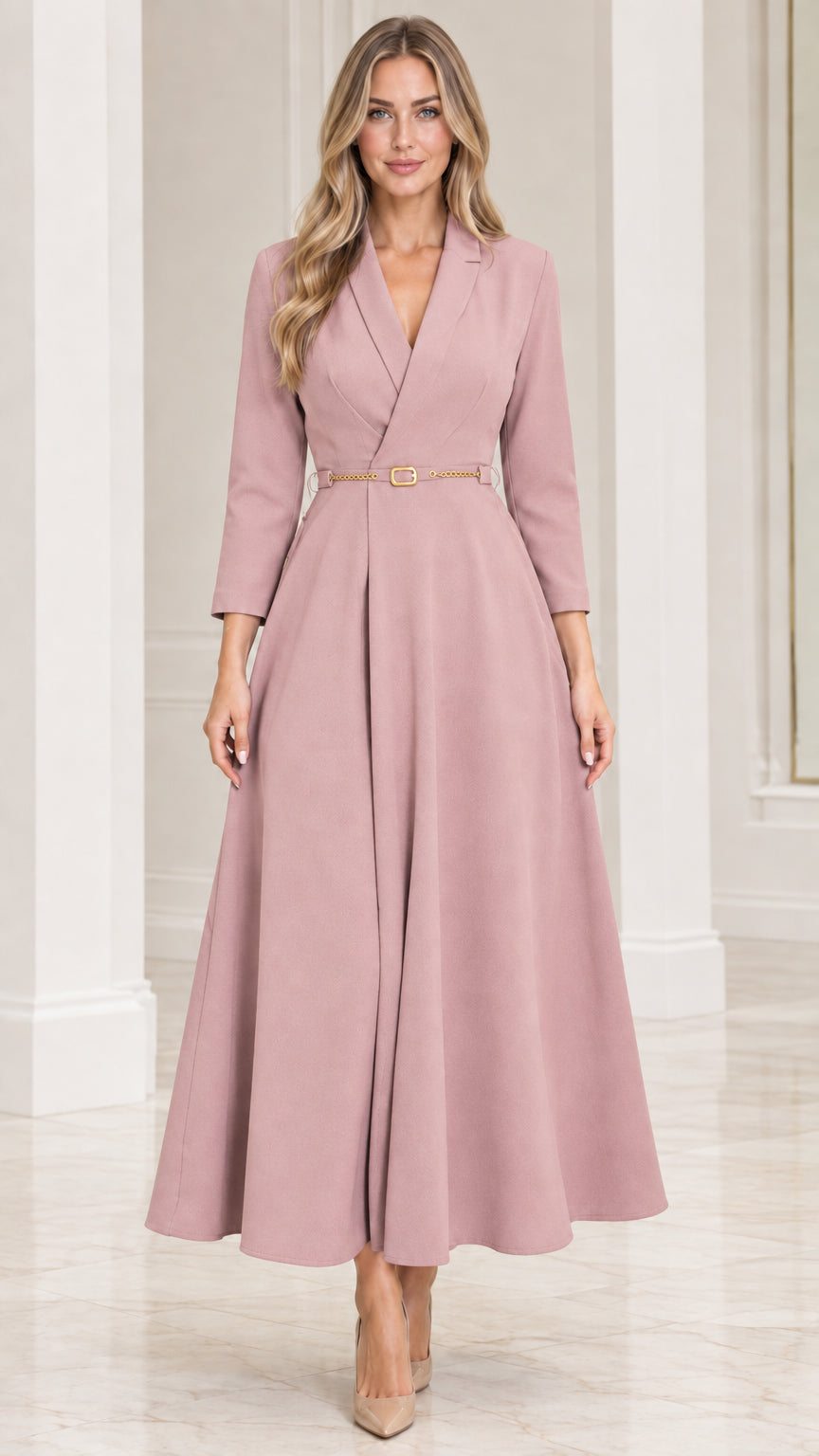 Model wearing dusty rose pink lapel collar belted A-line maxi dress