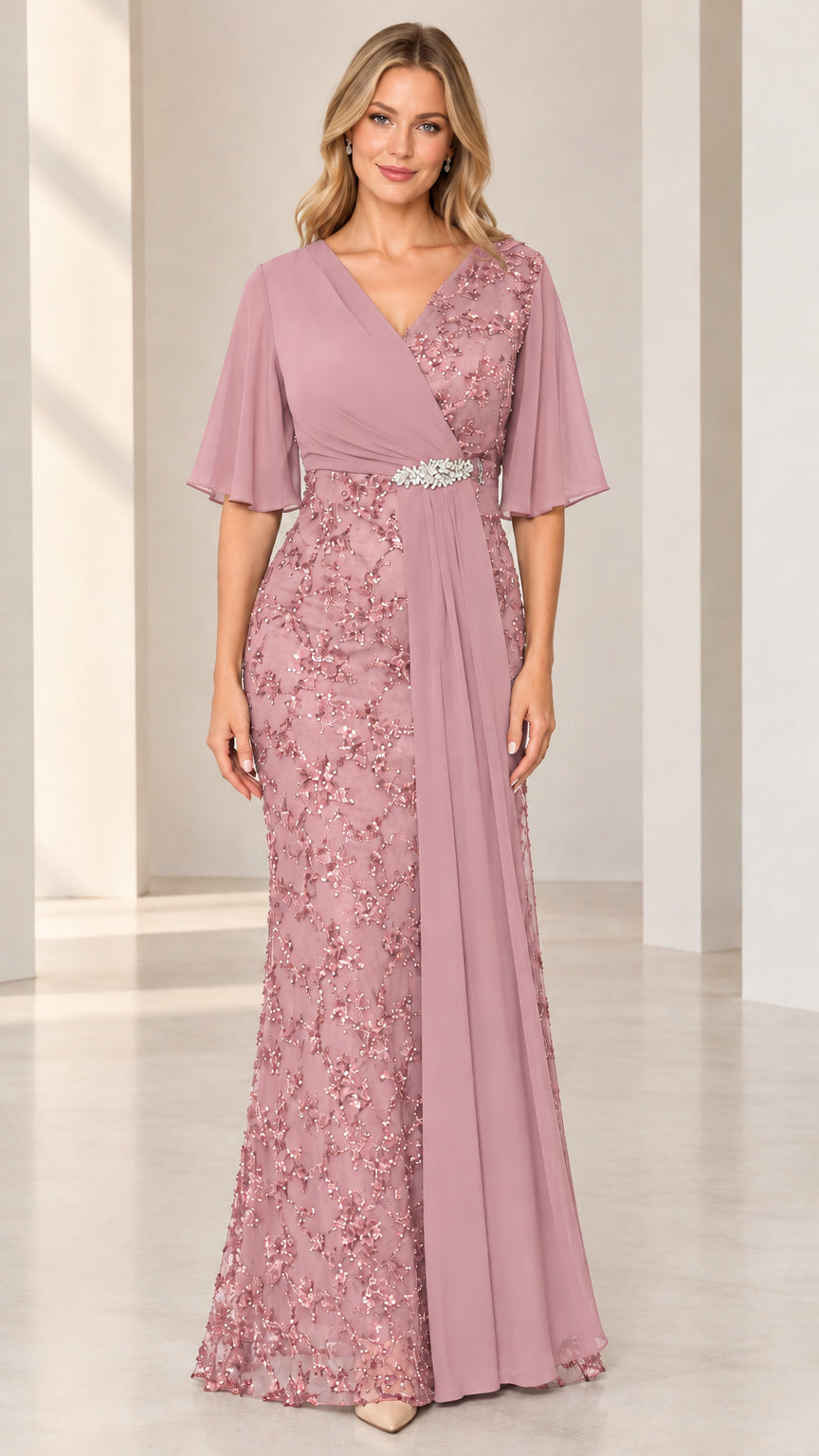 Front full-length view of dusty rose flutter sleeve formal gown with sequin floral lace