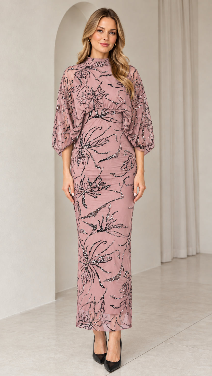 Dusty rose beaded mock neck column maxi dress