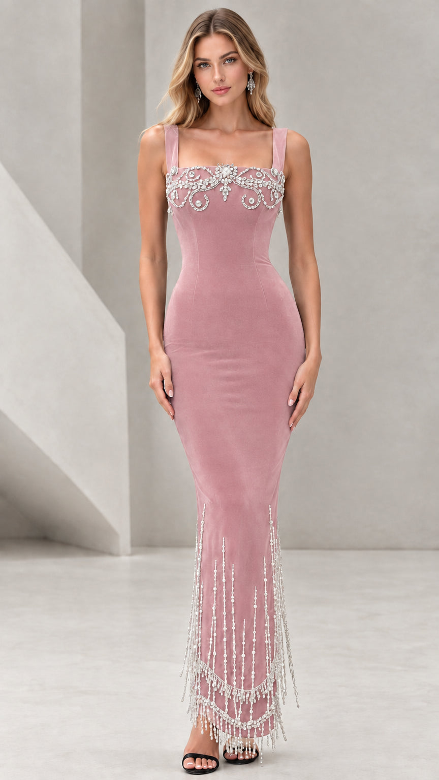 Dusty pink square neck rhinestone embellished maxi evening gown with beaded tassel hem