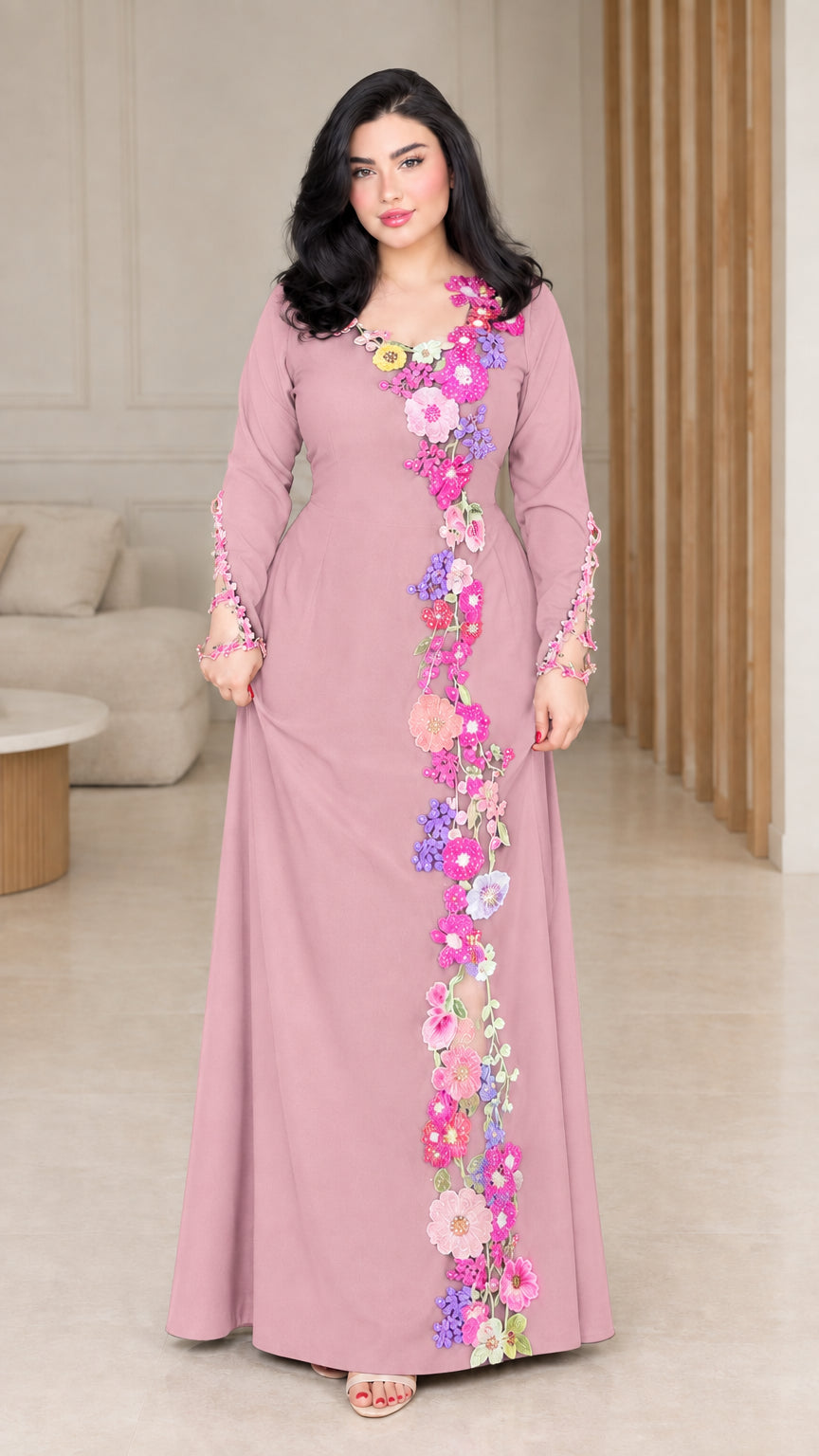 Front view of dusty pink floral embroidered maxi dress