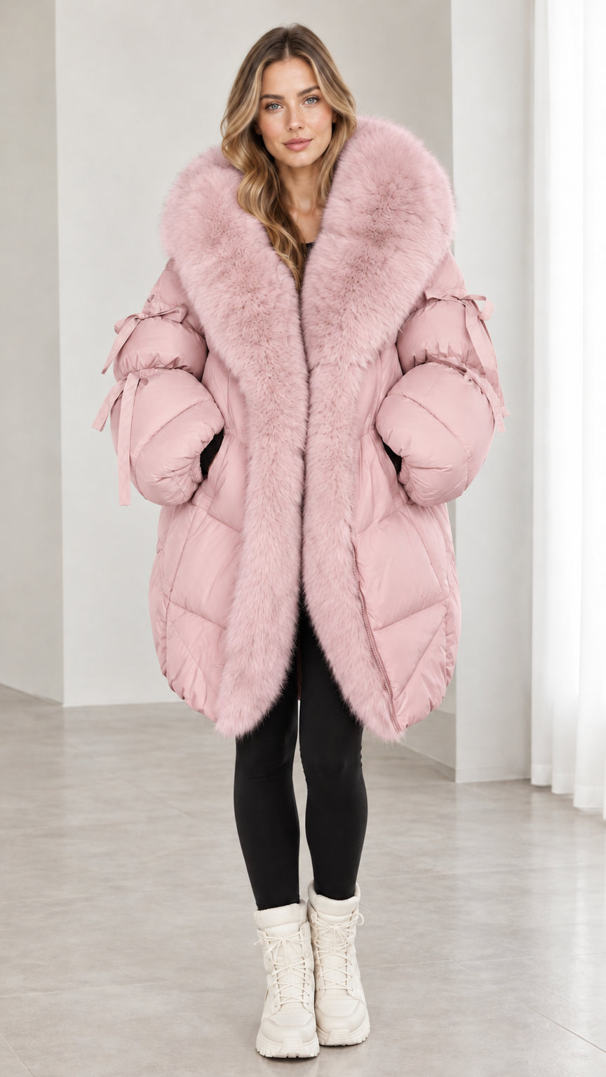 Model wearing dusty pink faux fur hooded quilted puffer coat with bow accents