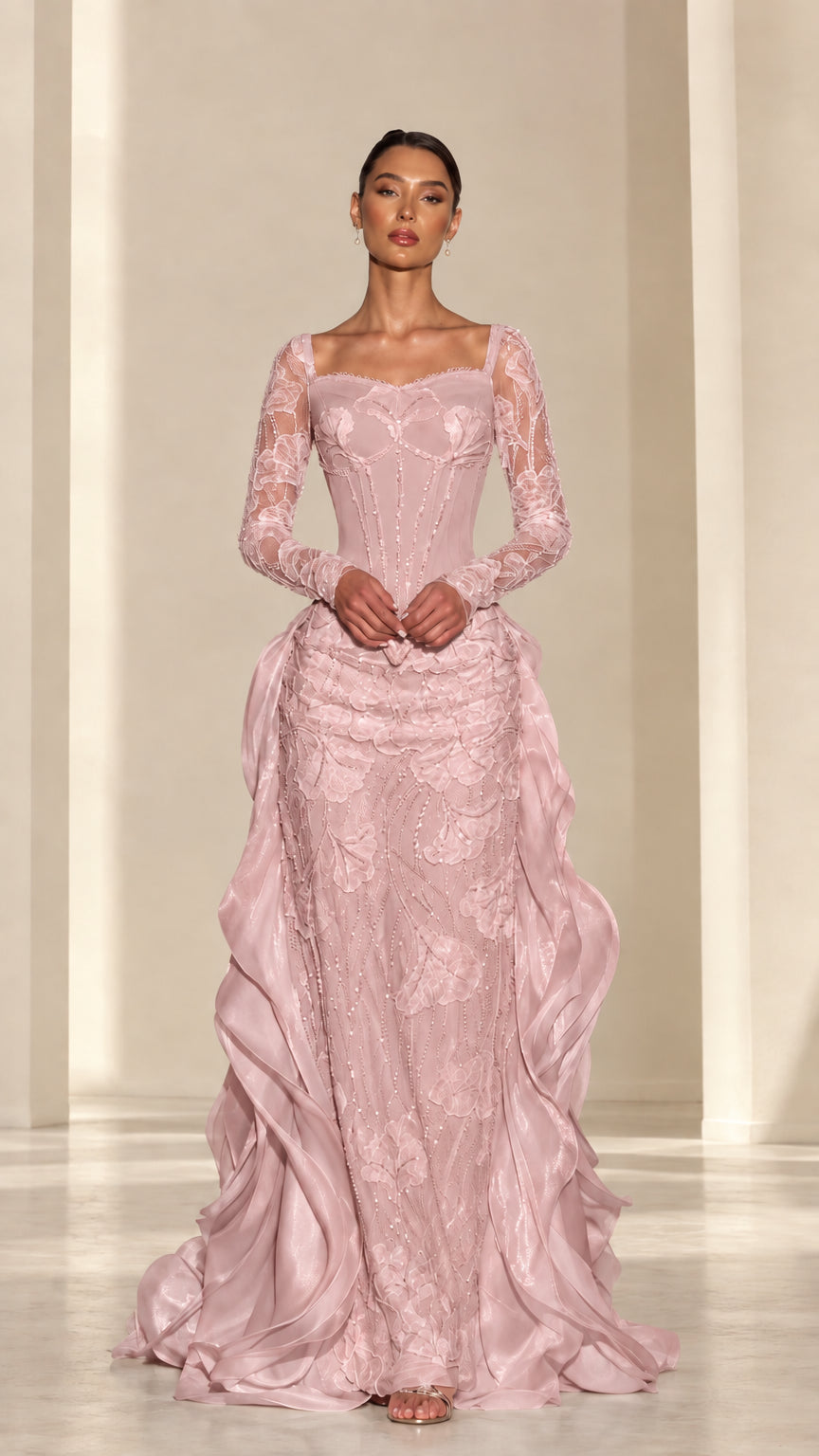 Front view of dusty pink long sleeve corset formal gown