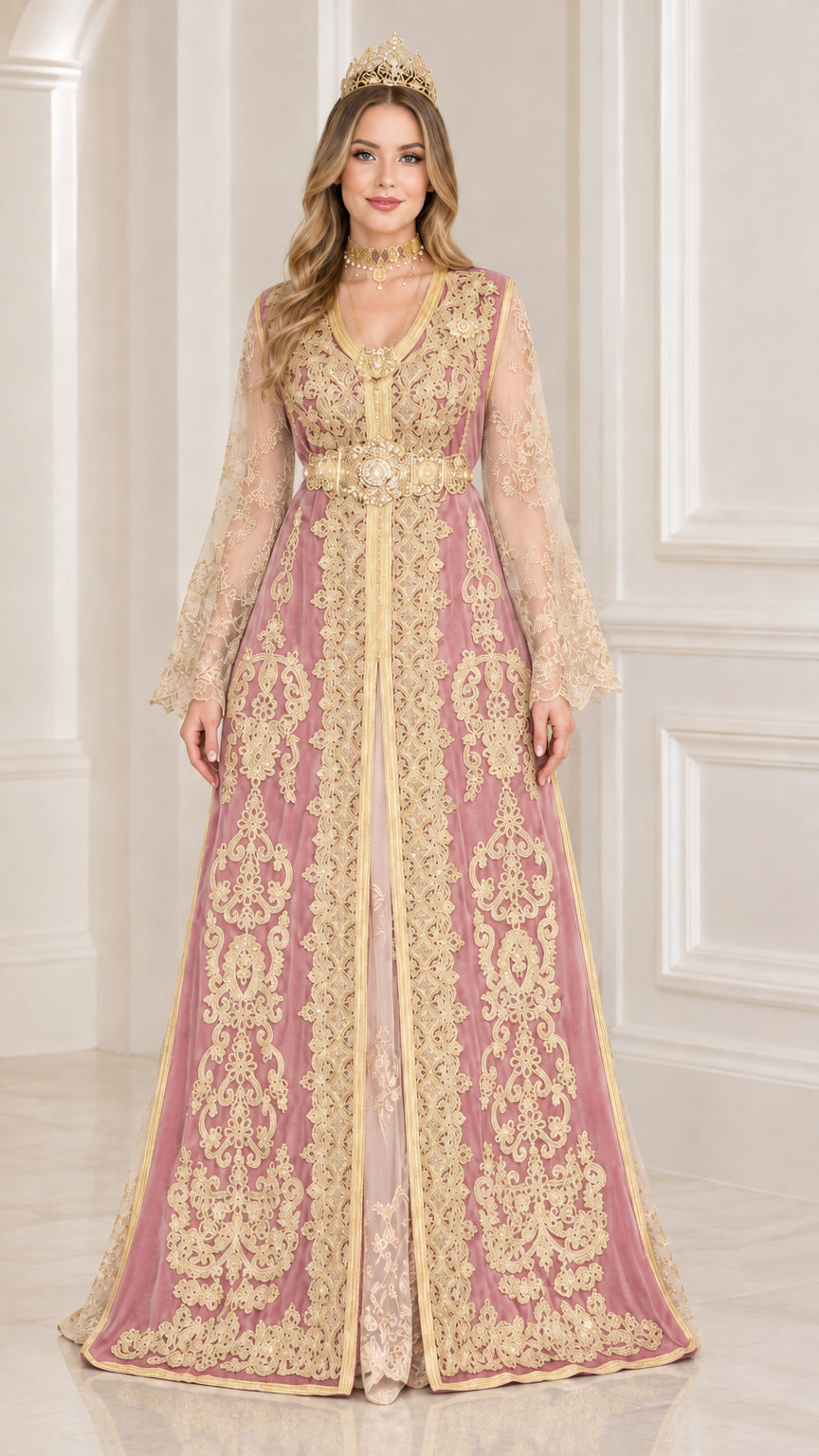 Dusty pink velvet embroidered Moroccan kaftan formal maxi dress