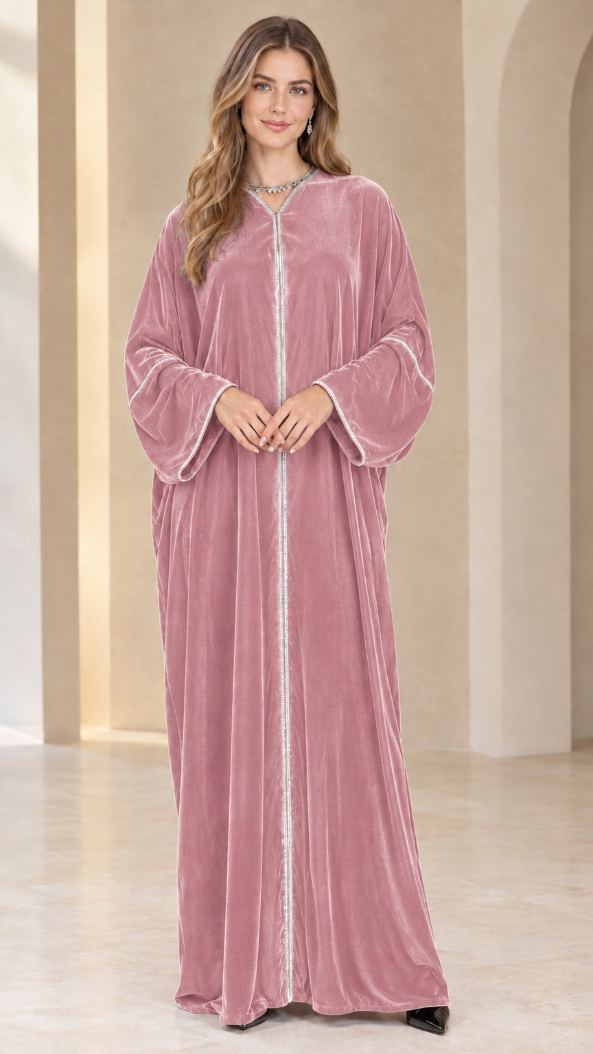 Dusty pink velvet abaya maxi dress front view