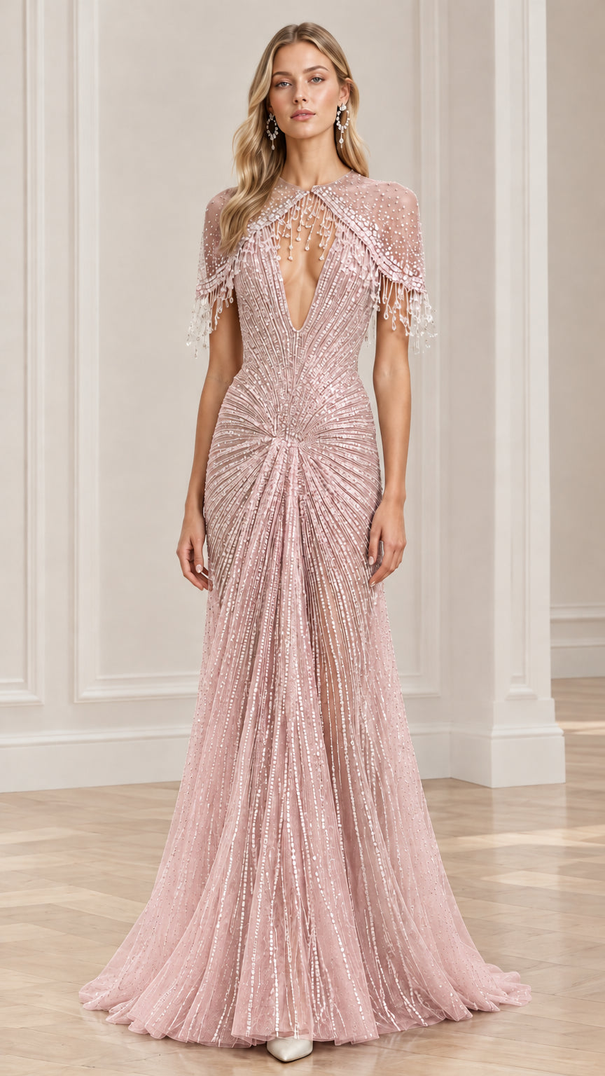 Front view of blush pink beaded floor-length formal gown with capelet sleeves