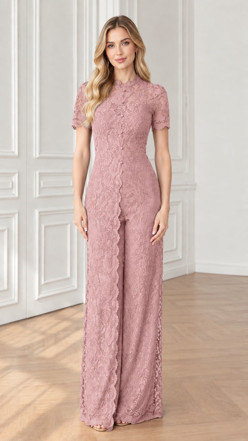 Full front view of Dusty Rose pink lace wide-leg evening jumpsuit