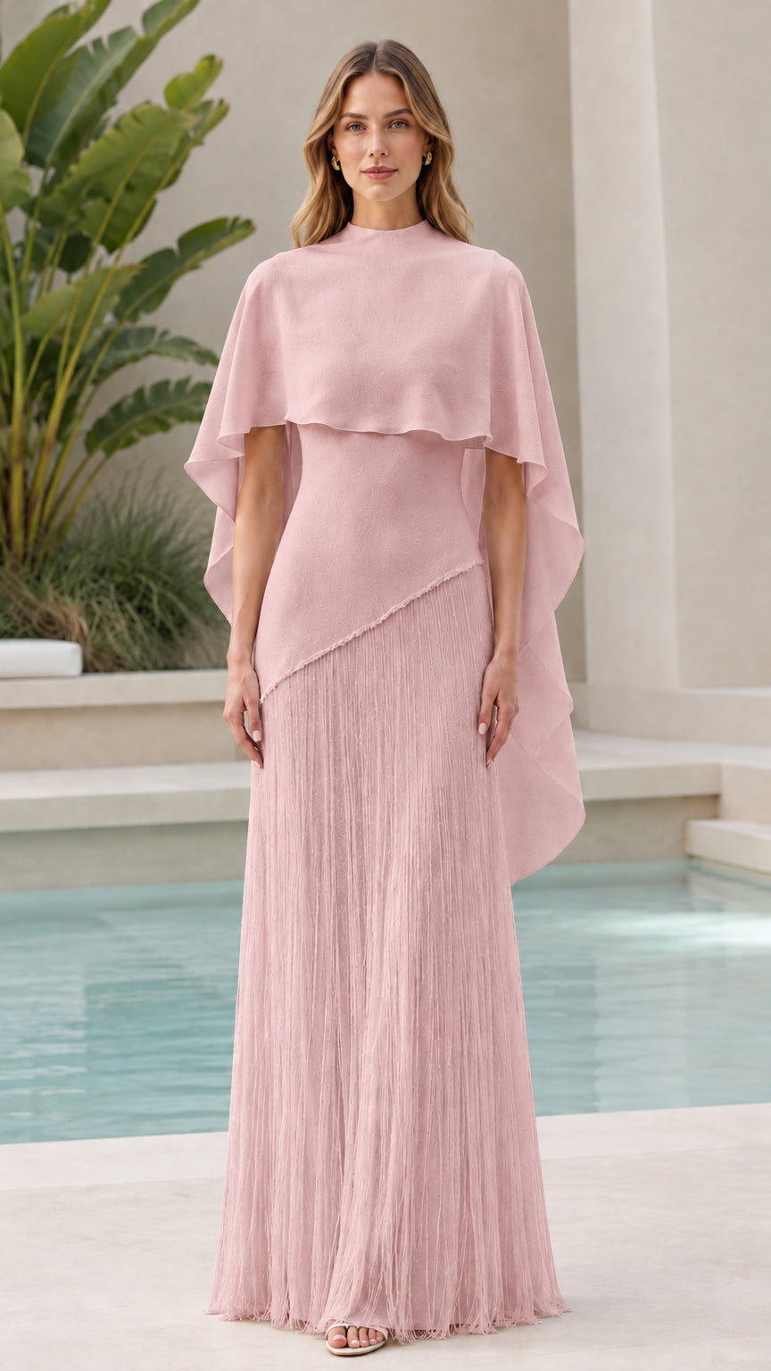 Blush pink draped capelet pleated formal maxi dress