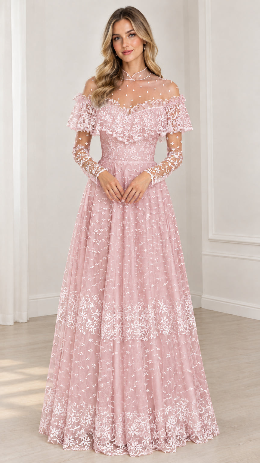 Front full view of blush pink illusion lace long sleeve maxi gown
