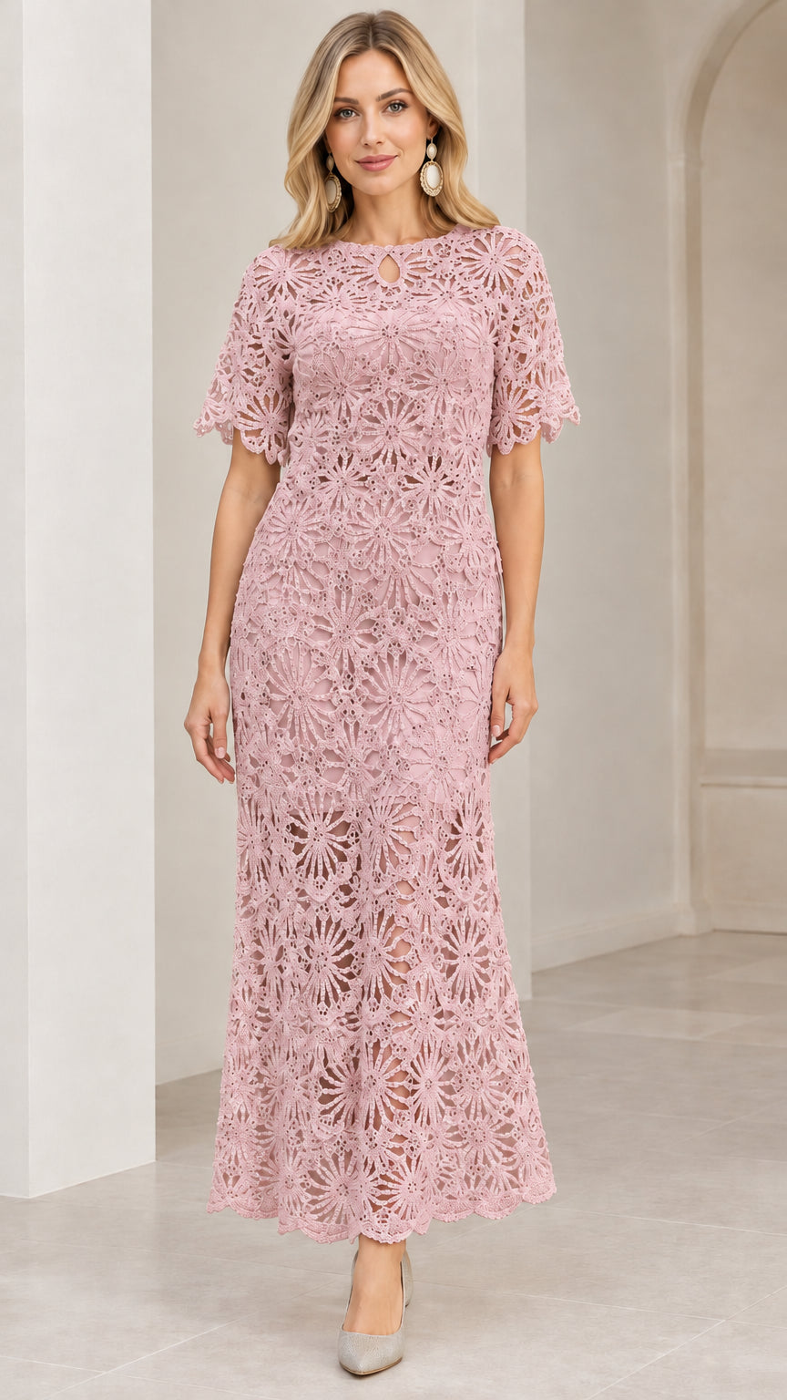 Full front view of Dusty Pink floral crochet lace maxi dress