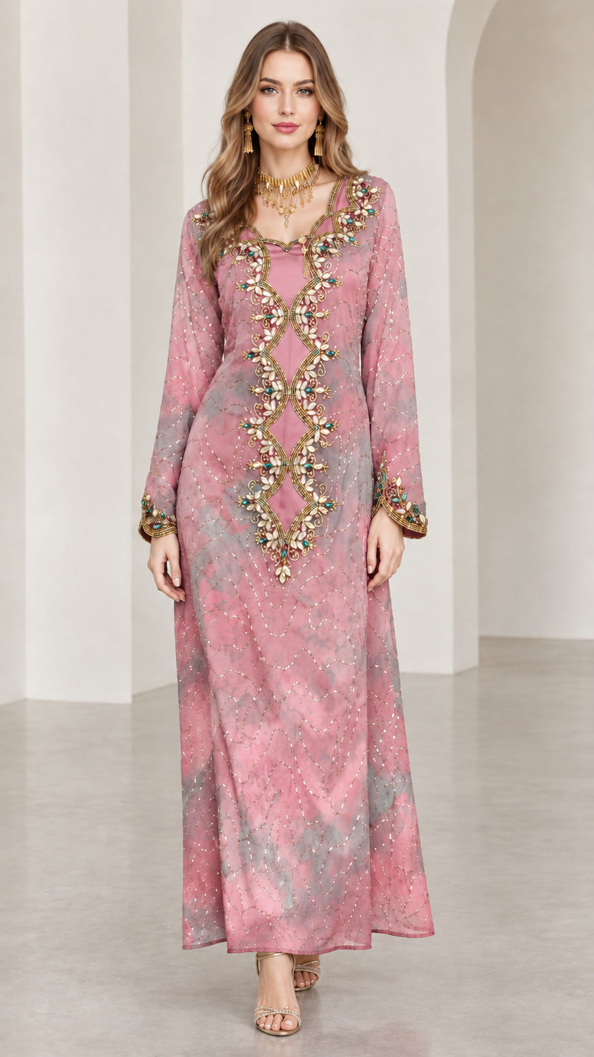 Model wearing Dusty Pink embroidered tie-dye kaftan maxi dress