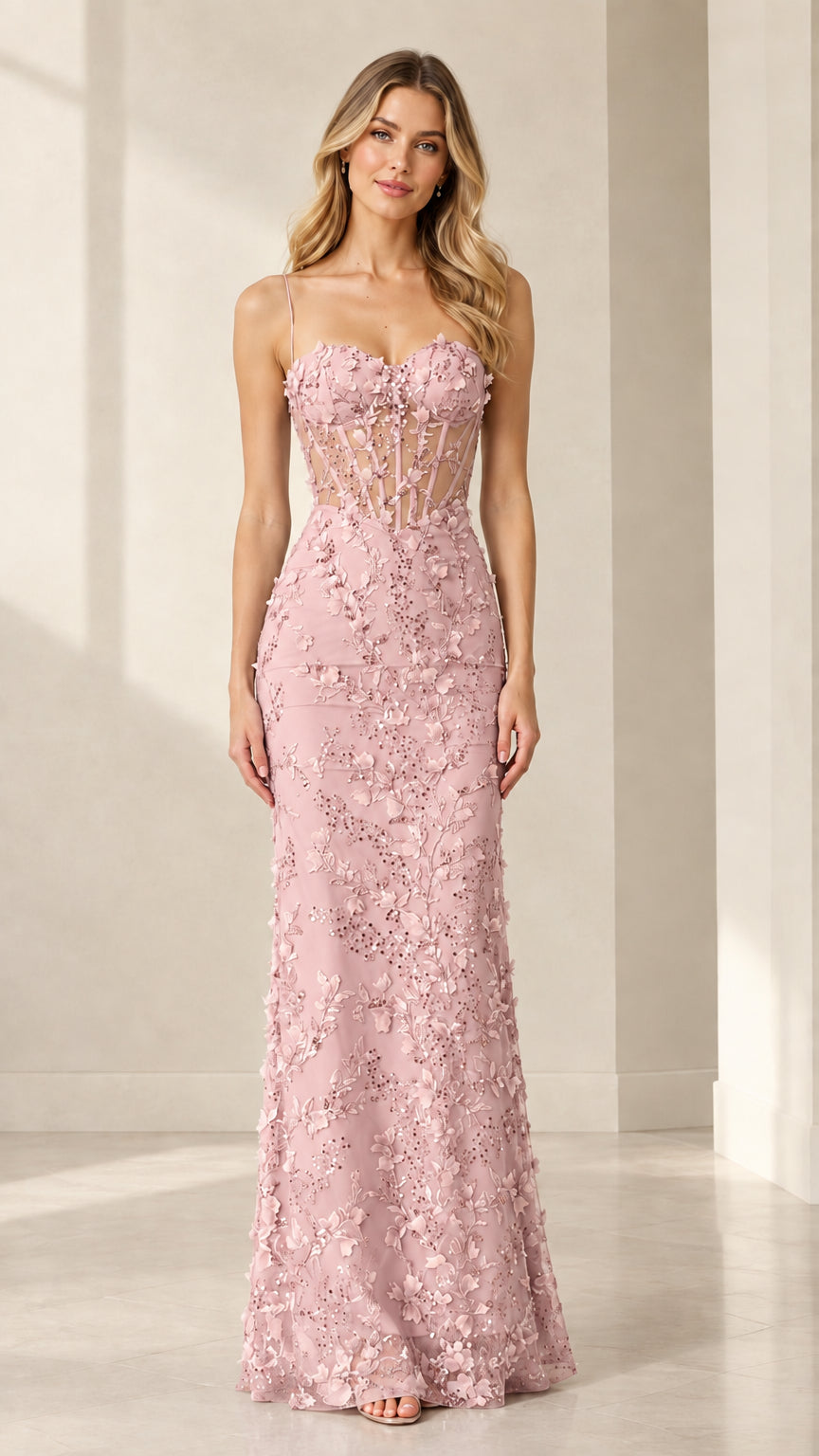 Full-length front view of model wearing Blush Pink floral appliqué maxi dress