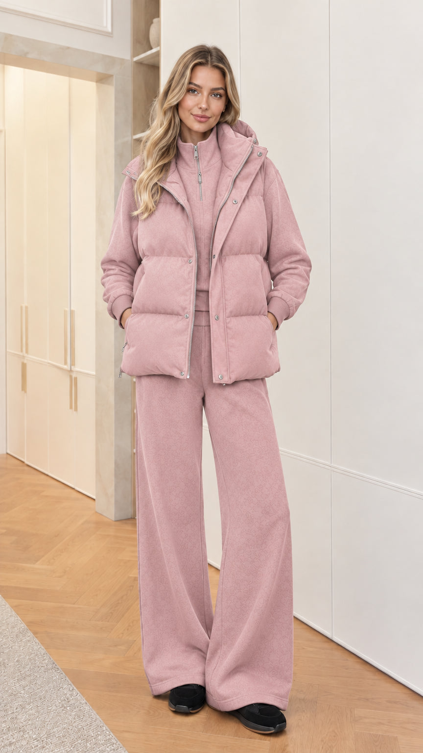 Women's 3-piece hooded puffer vest and lounge set in Dusty Pink