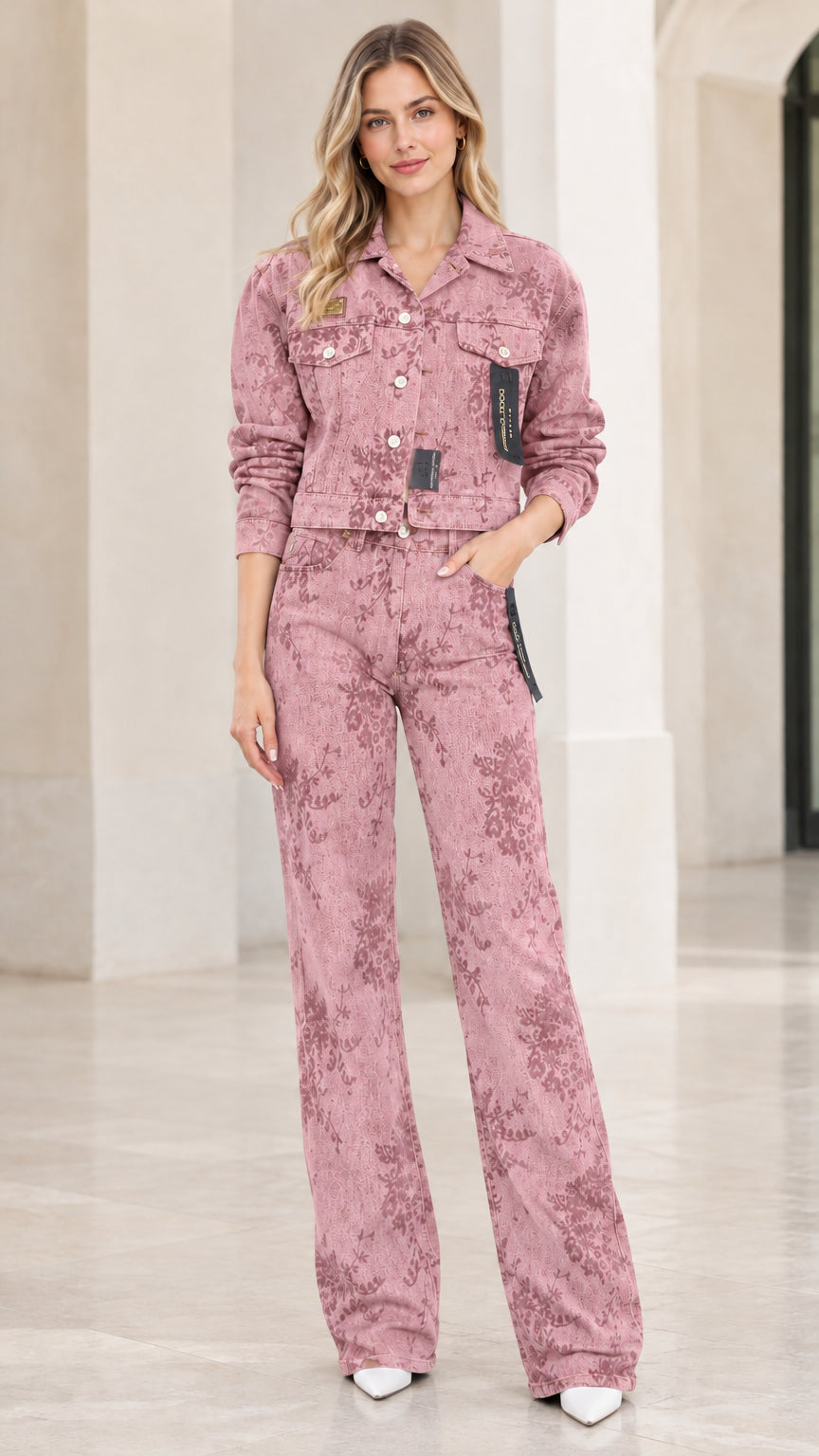 Model wearing dusty pink floral pattern denim jacket and wide-leg pants co-ord set