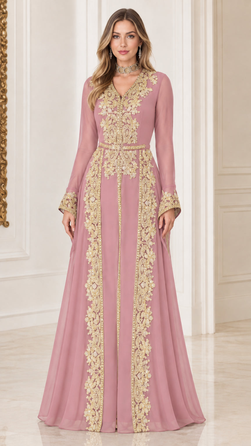 Dusty pink embroidered long sleeve formal caftan maxi gown