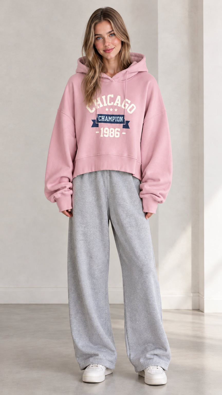 Front view of woman wearing Pink Chicago graphic cropped hoodie