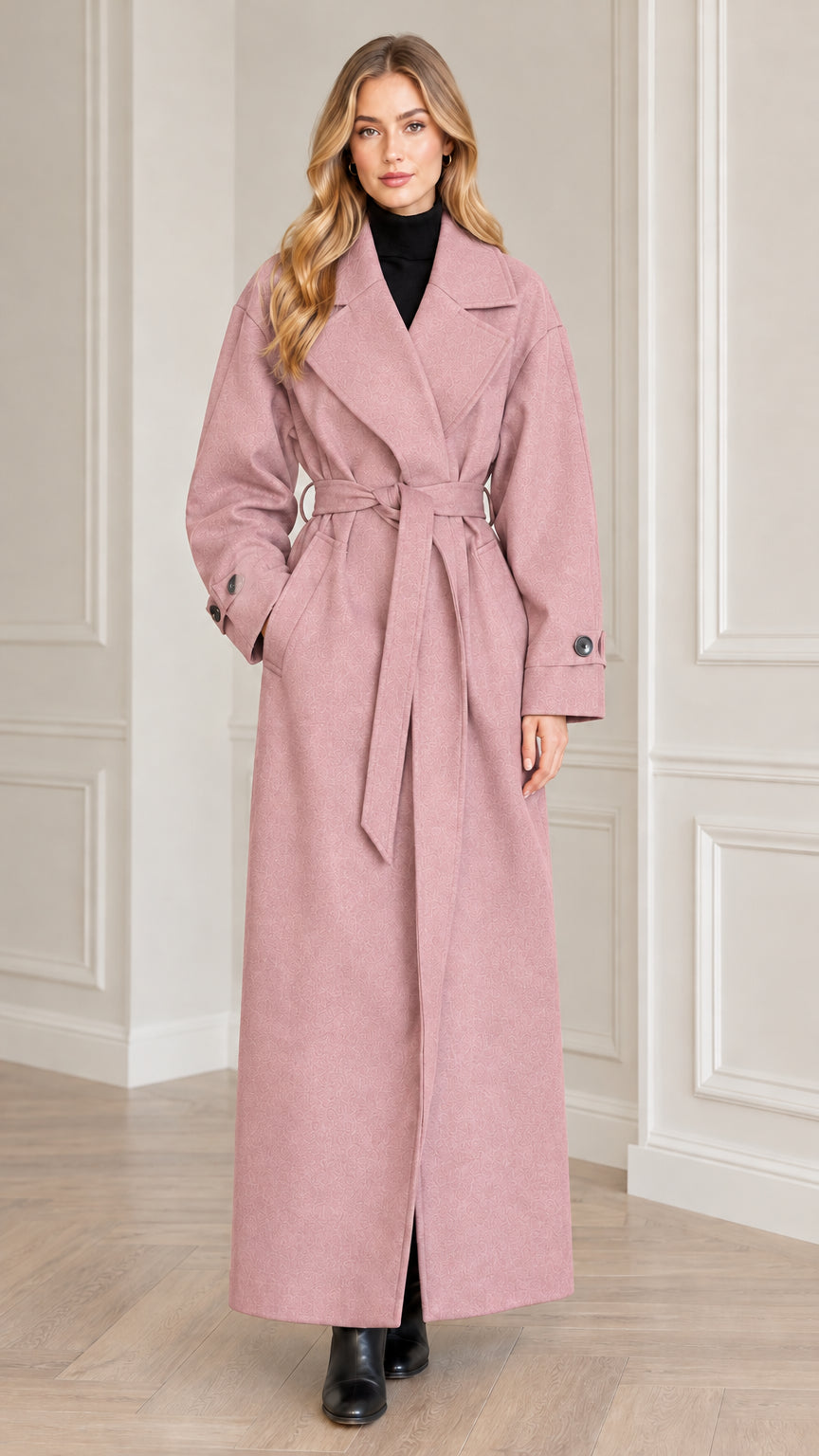 Model wearing dusty pink long wrap overcoat with self tie belt