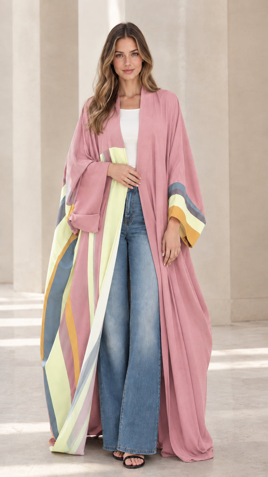 Full-length front view of dusty pink colorblock open-front kimono abaya